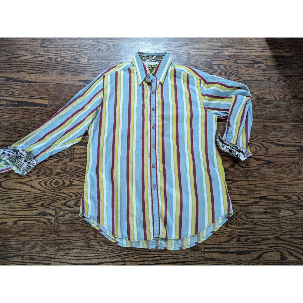 Robert Graham Striped Paisley Button Up Dress Shirt Mens Size M Medium Embroider